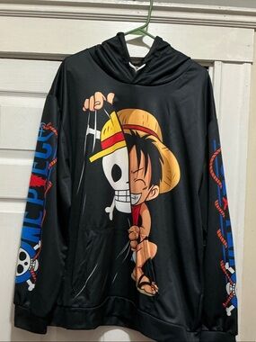 Black Graphic Pullover Hoodie with Straw Hat Character